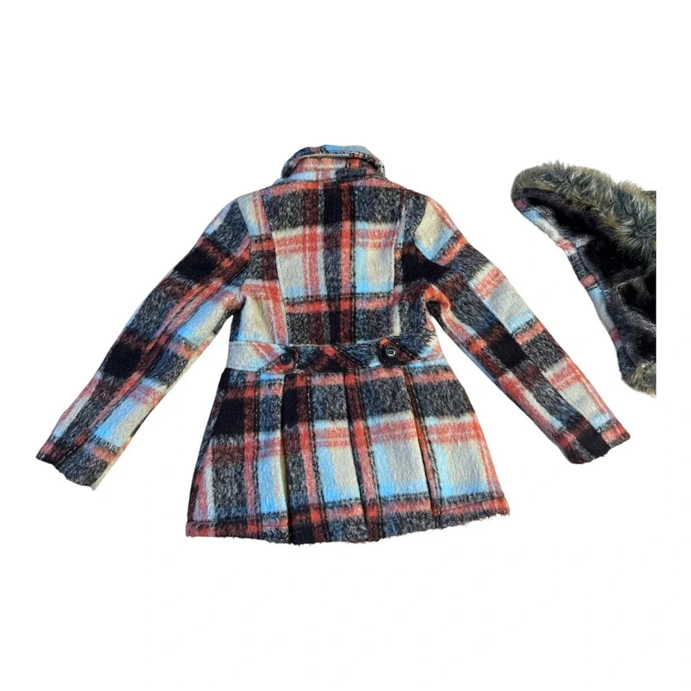 Urban Republic Coat Girls 14 Multicolor Plaid Pleated Faux Fur Hood Pockets